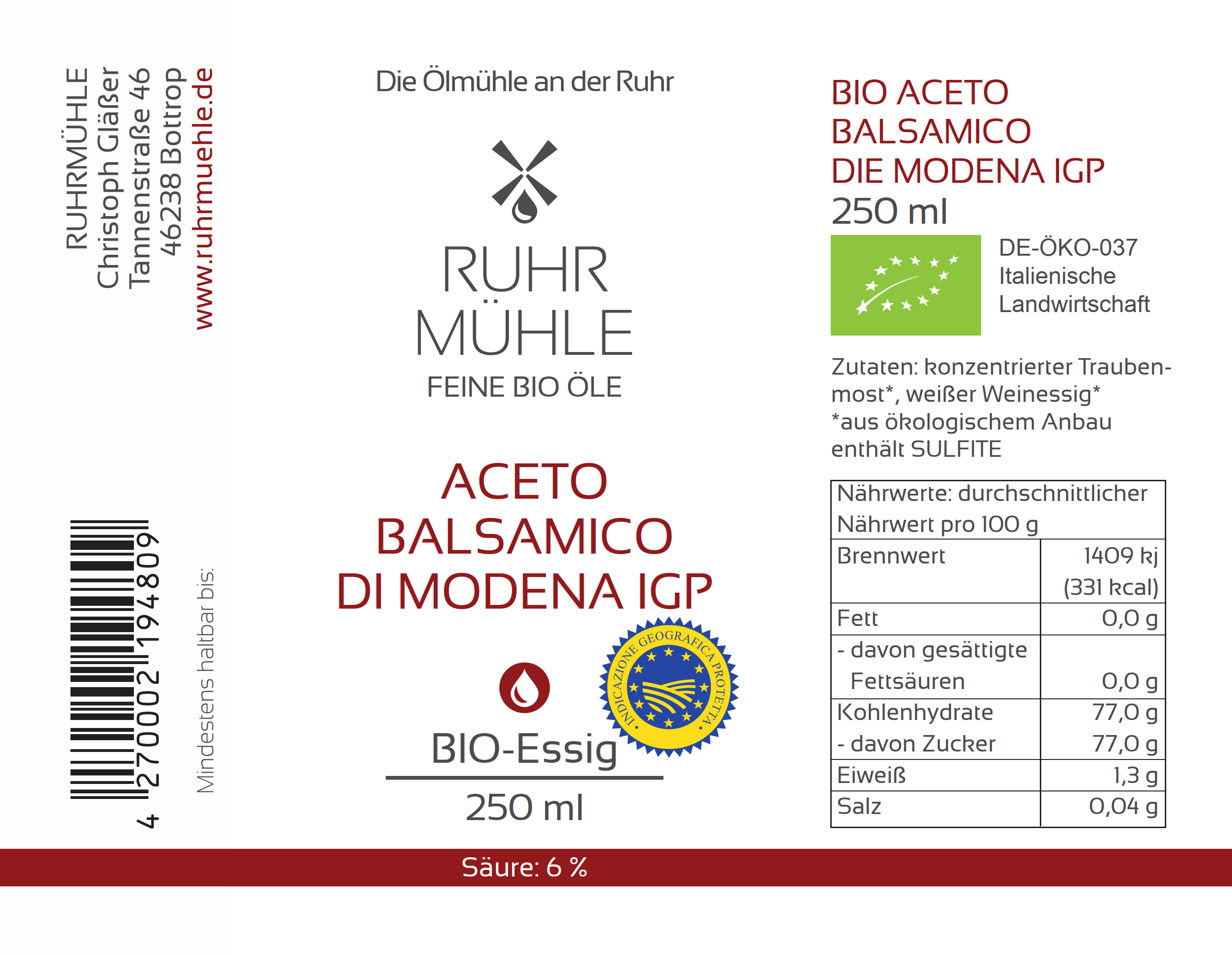 Bio Aceto Balsamico die Modena IGP (DE-ÖKO-037)